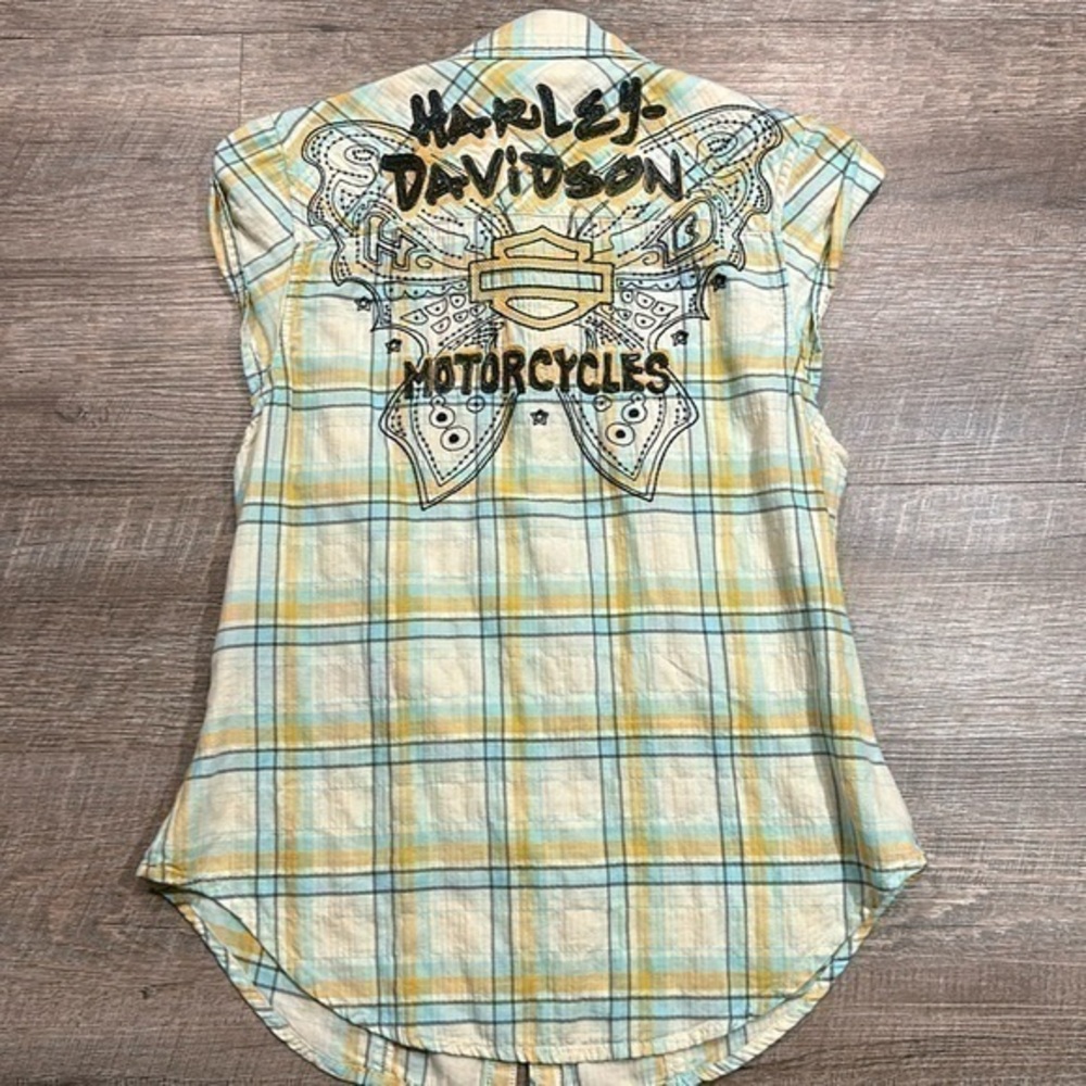 Harley Davidson capped sleeve white/blue/orange plaid embroidered logo top XS